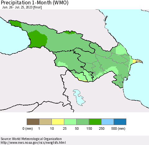 Azerbaijan, Armenia and Georgia Precipitation 1-Month (WMO) Thematic Map For 6/26/2023 - 7/25/2023