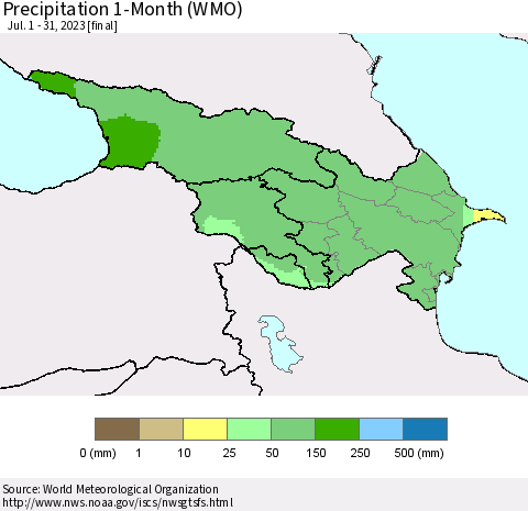 Azerbaijan, Armenia and Georgia Precipitation 1-Month (WMO) Thematic Map For 7/1/2023 - 7/31/2023