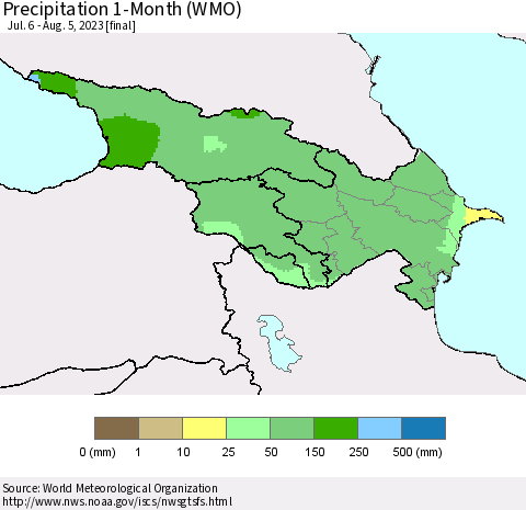 Azerbaijan, Armenia and Georgia Precipitation 1-Month (WMO) Thematic Map For 7/6/2023 - 8/5/2023