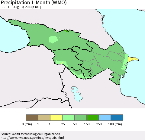 Azerbaijan, Armenia and Georgia Precipitation 1-Month (WMO) Thematic Map For 7/11/2023 - 8/10/2023