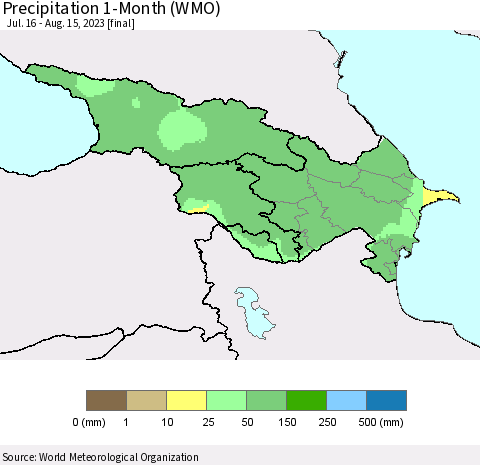 Azerbaijan, Armenia and Georgia Precipitation 1-Month (WMO) Thematic Map For 7/16/2023 - 8/15/2023