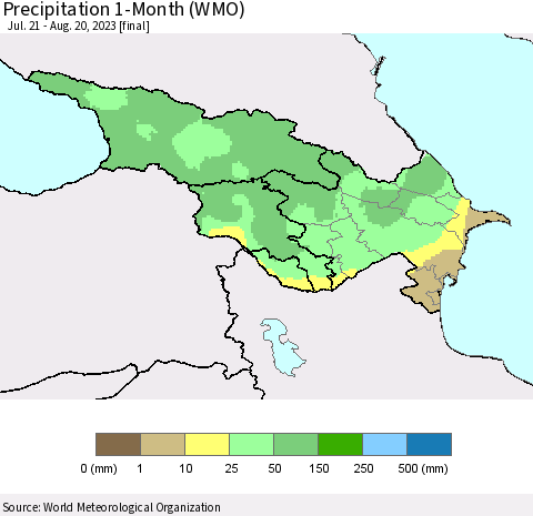 Azerbaijan, Armenia and Georgia Precipitation 1-Month (WMO) Thematic Map For 7/21/2023 - 8/20/2023
