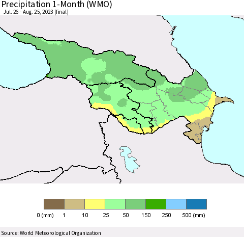 Azerbaijan, Armenia and Georgia Precipitation 1-Month (WMO) Thematic Map For 7/26/2023 - 8/25/2023