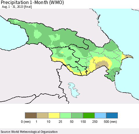 Azerbaijan, Armenia and Georgia Precipitation 1-Month (WMO) Thematic Map For 8/1/2023 - 8/31/2023