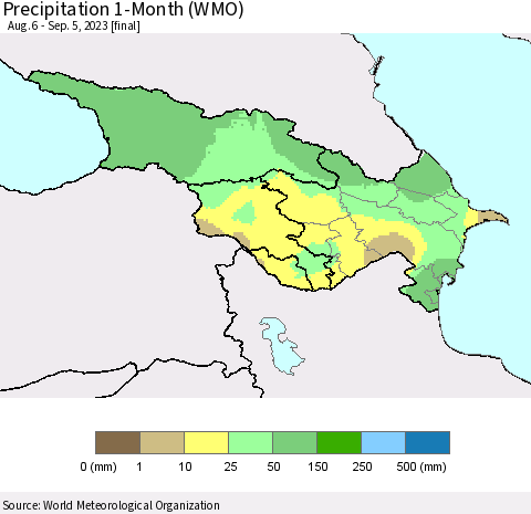 Azerbaijan, Armenia and Georgia Precipitation 1-Month (WMO) Thematic Map For 8/6/2023 - 9/5/2023