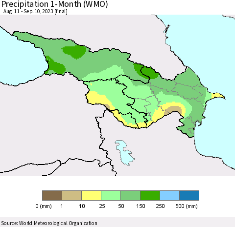 Azerbaijan, Armenia and Georgia Precipitation 1-Month (WMO) Thematic Map For 8/11/2023 - 9/10/2023