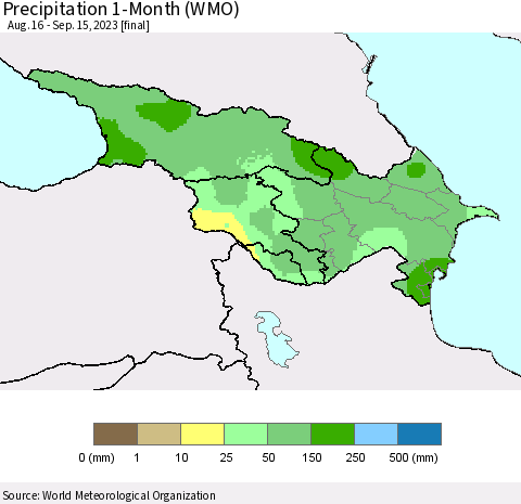 Azerbaijan, Armenia and Georgia Precipitation 1-Month (WMO) Thematic Map For 8/16/2023 - 9/15/2023