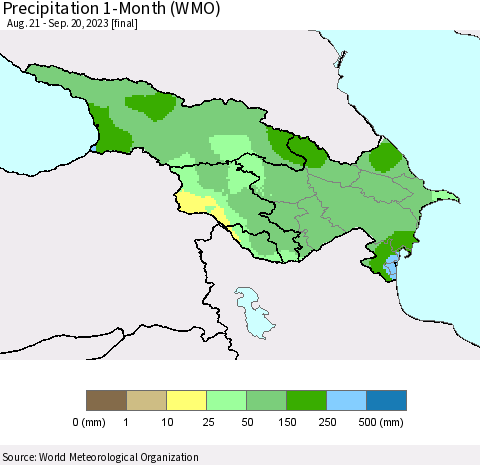 Azerbaijan, Armenia and Georgia Precipitation 1-Month (WMO) Thematic Map For 8/21/2023 - 9/20/2023