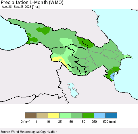 Azerbaijan, Armenia and Georgia Precipitation 1-Month (WMO) Thematic Map For 8/26/2023 - 9/25/2023