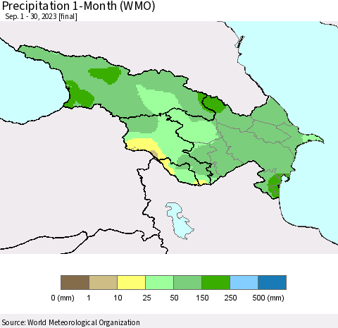 Azerbaijan, Armenia and Georgia Precipitation 1-Month (WMO) Thematic Map For 9/1/2023 - 9/30/2023