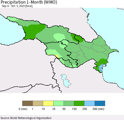 Azerbaijan, Armenia and Georgia Precipitation 1-Month (WMO) Thematic Map For 9/6/2023 - 10/5/2023