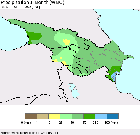 Azerbaijan, Armenia and Georgia Precipitation 1-Month (WMO) Thematic Map For 9/11/2023 - 10/10/2023