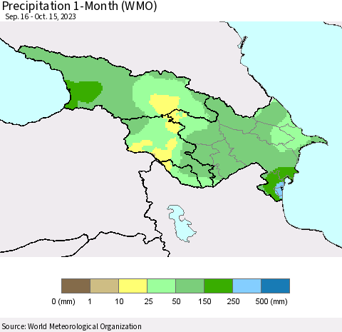 Azerbaijan, Armenia and Georgia Precipitation 1-Month (WMO) Thematic Map For 9/16/2023 - 10/15/2023