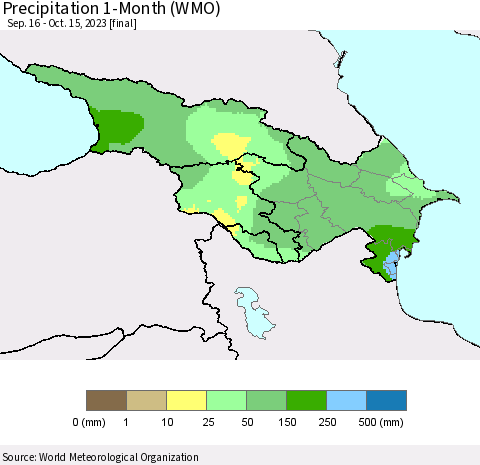 Azerbaijan, Armenia and Georgia Precipitation 1-Month (WMO) Thematic Map For 9/16/2023 - 10/15/2023