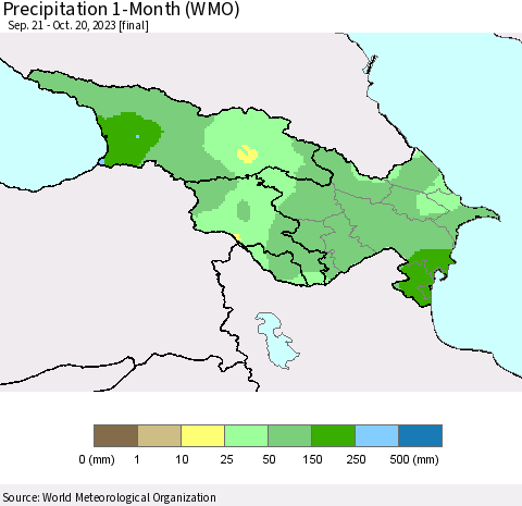 Azerbaijan, Armenia and Georgia Precipitation 1-Month (WMO) Thematic Map For 9/21/2023 - 10/20/2023