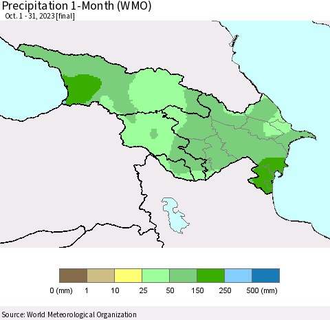Azerbaijan, Armenia and Georgia Precipitation 1-Month (WMO) Thematic Map For 10/1/2023 - 10/31/2023