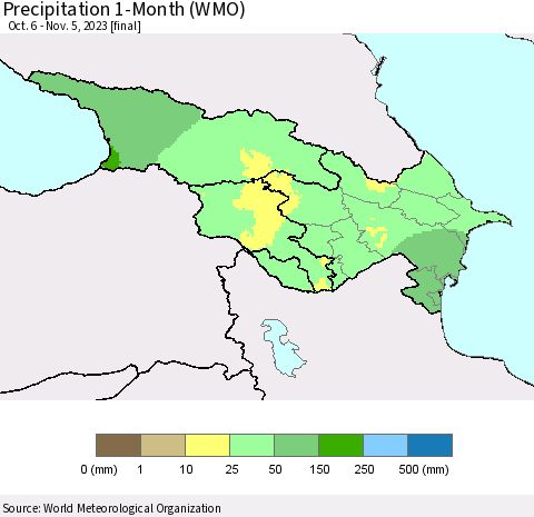 Azerbaijan, Armenia and Georgia Precipitation 1-Month (WMO) Thematic Map For 10/6/2023 - 11/5/2023