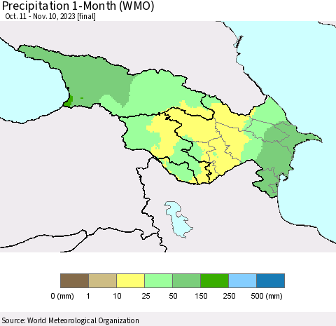 Azerbaijan, Armenia and Georgia Precipitation 1-Month (WMO) Thematic Map For 10/11/2023 - 11/10/2023
