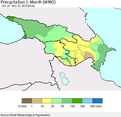 Azerbaijan, Armenia and Georgia Precipitation 1-Month (WMO) Thematic Map For 10/16/2023 - 11/15/2023