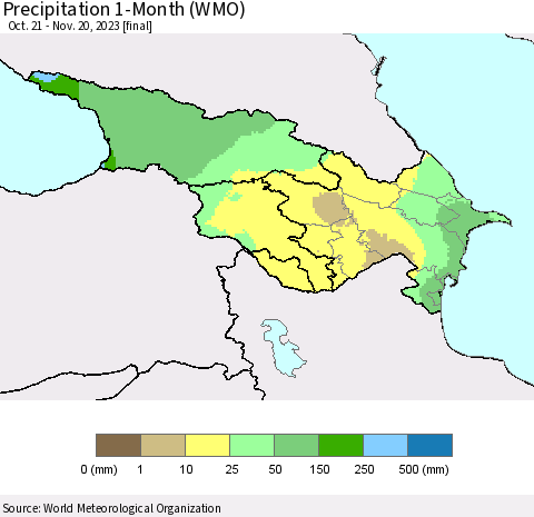 Azerbaijan, Armenia and Georgia Precipitation 1-Month (WMO) Thematic Map For 10/21/2023 - 11/20/2023