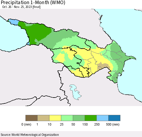 Azerbaijan, Armenia and Georgia Precipitation 1-Month (WMO) Thematic Map For 10/26/2023 - 11/25/2023