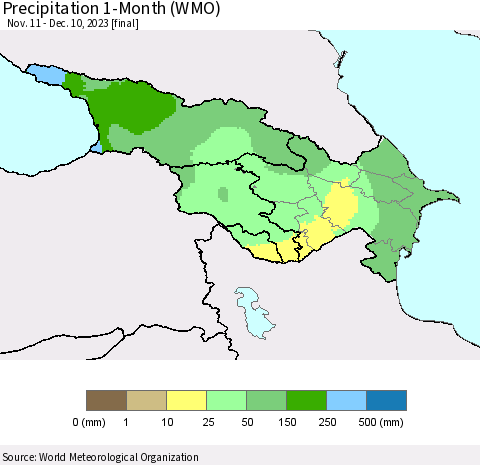 Azerbaijan, Armenia and Georgia Precipitation 1-Month (WMO) Thematic Map For 11/11/2023 - 12/10/2023
