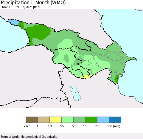 Azerbaijan, Armenia and Georgia Precipitation 1-Month (WMO) Thematic Map For 11/16/2023 - 12/15/2023
