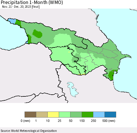 Azerbaijan, Armenia and Georgia Precipitation 1-Month (WMO) Thematic Map For 11/21/2023 - 12/20/2023