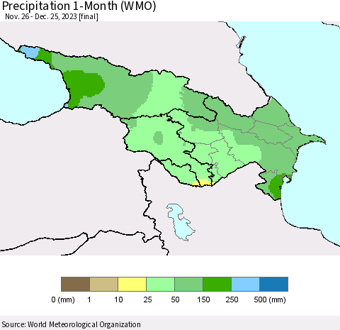 Azerbaijan, Armenia and Georgia Precipitation 1-Month (WMO) Thematic Map For 11/26/2023 - 12/25/2023