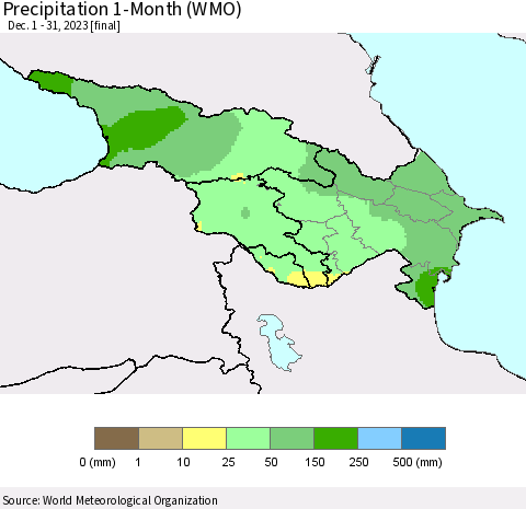 Azerbaijan, Armenia and Georgia Precipitation 1-Month (WMO) Thematic Map For 12/1/2023 - 12/31/2023