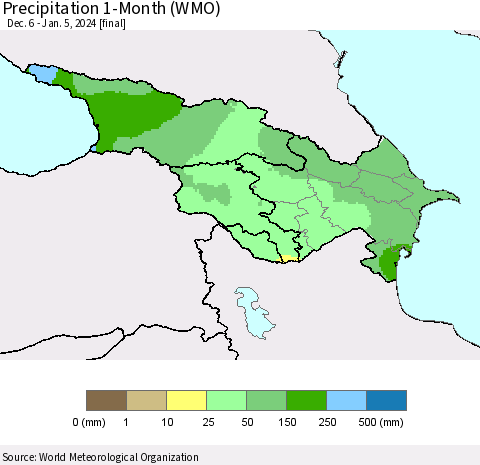 Azerbaijan, Armenia and Georgia Precipitation 1-Month (WMO) Thematic Map For 12/6/2023 - 1/5/2024