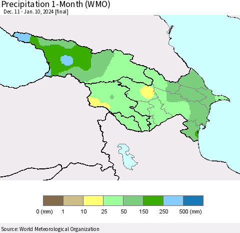 Azerbaijan, Armenia and Georgia Precipitation 1-Month (WMO) Thematic Map For 12/11/2023 - 1/10/2024