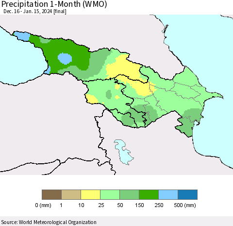 Azerbaijan, Armenia and Georgia Precipitation 1-Month (WMO) Thematic Map For 12/16/2023 - 1/15/2024