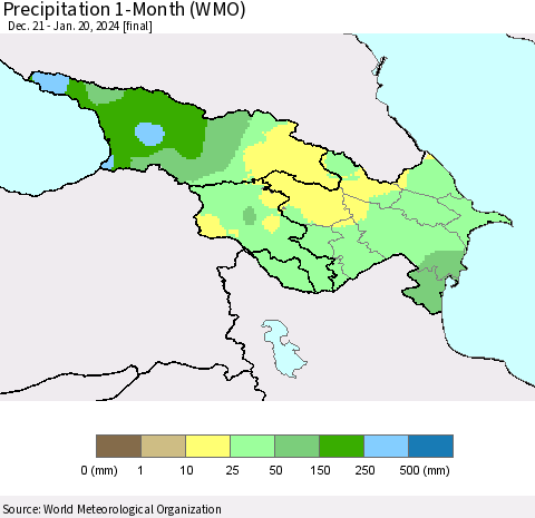 Azerbaijan, Armenia and Georgia Precipitation 1-Month (WMO) Thematic Map For 12/21/2023 - 1/20/2024