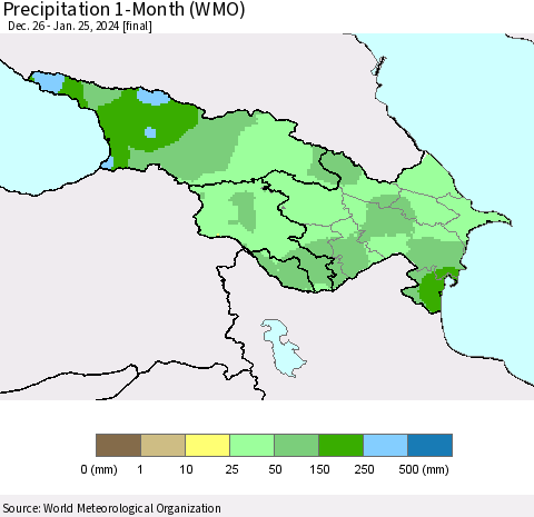 Azerbaijan, Armenia and Georgia Precipitation 1-Month (WMO) Thematic Map For 12/26/2023 - 1/25/2024