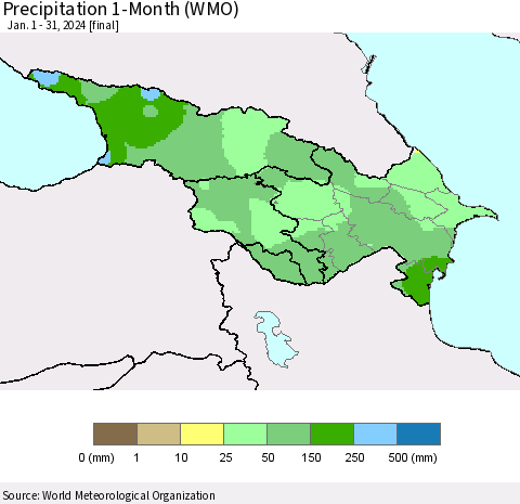 Azerbaijan, Armenia and Georgia Precipitation 1-Month (WMO) Thematic Map For 1/1/2024 - 1/31/2024