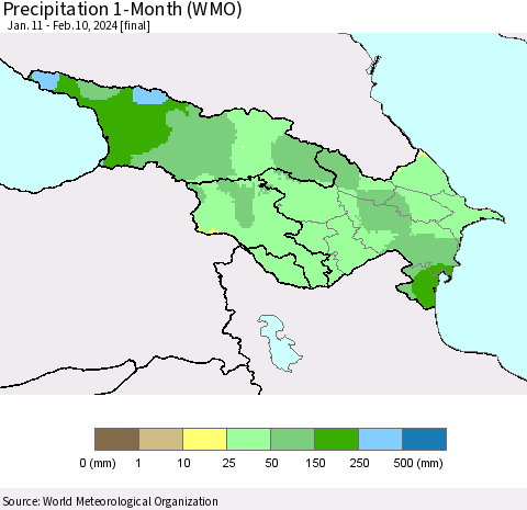 Azerbaijan, Armenia and Georgia Precipitation 1-Month (WMO) Thematic Map For 1/11/2024 - 2/10/2024