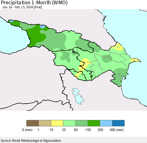 Azerbaijan, Armenia and Georgia Precipitation 1-Month (WMO) Thematic Map For 1/16/2024 - 2/15/2024
