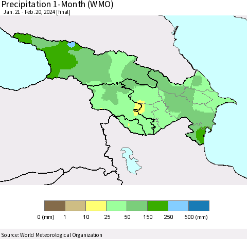 Azerbaijan, Armenia and Georgia Precipitation 1-Month (WMO) Thematic Map For 1/21/2024 - 2/20/2024