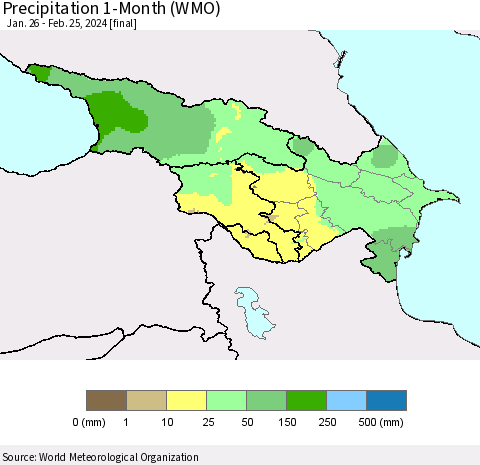 Azerbaijan, Armenia and Georgia Precipitation 1-Month (WMO) Thematic Map For 1/26/2024 - 2/25/2024