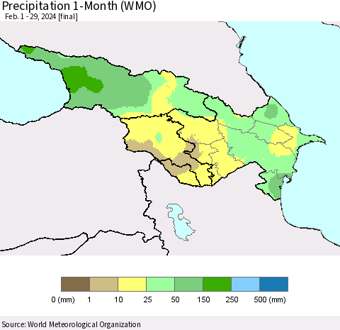 Azerbaijan, Armenia and Georgia Precipitation 1-Month (WMO) Thematic Map For 2/1/2024 - 2/29/2024