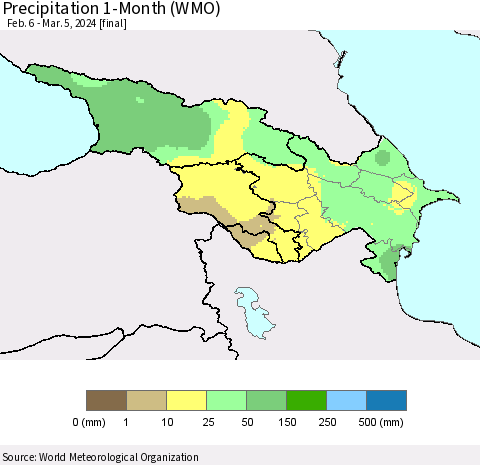Azerbaijan, Armenia and Georgia Precipitation 1-Month (WMO) Thematic Map For 2/6/2024 - 3/5/2024