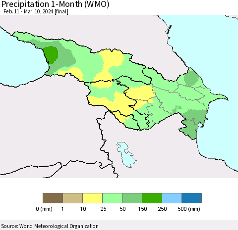 Azerbaijan, Armenia and Georgia Precipitation 1-Month (WMO) Thematic Map For 2/11/2024 - 3/10/2024