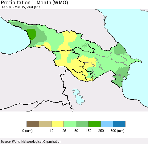 Azerbaijan, Armenia and Georgia Precipitation 1-Month (WMO) Thematic Map For 2/16/2024 - 3/15/2024