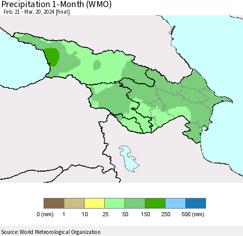 Azerbaijan, Armenia and Georgia Precipitation 1-Month (WMO) Thematic Map For 2/21/2024 - 3/20/2024
