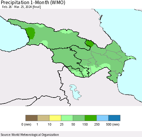 Azerbaijan, Armenia and Georgia Precipitation 1-Month (WMO) Thematic Map For 2/26/2024 - 3/25/2024