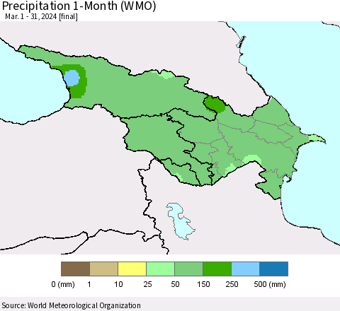 Azerbaijan, Armenia and Georgia Precipitation 1-Month (WMO) Thematic Map For 3/1/2024 - 3/31/2024