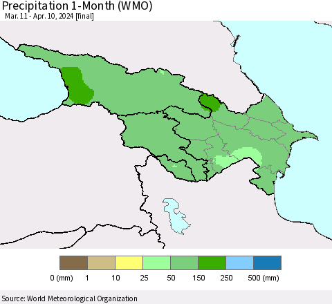 Azerbaijan, Armenia and Georgia Precipitation 1-Month (WMO) Thematic Map For 3/11/2024 - 4/10/2024