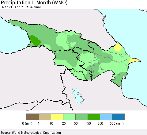 Azerbaijan, Armenia and Georgia Precipitation 1-Month (WMO) Thematic Map For 3/21/2024 - 4/20/2024