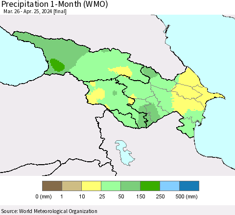 Azerbaijan, Armenia and Georgia Precipitation 1-Month (WMO) Thematic Map For 3/26/2024 - 4/25/2024